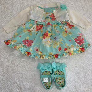 Green Floral Baby Girl dress,  Jacket, and Shoes